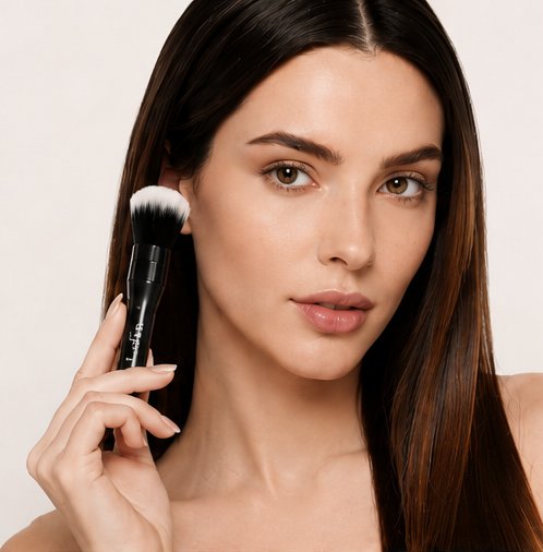 A model applying makeup with a Lufra brush