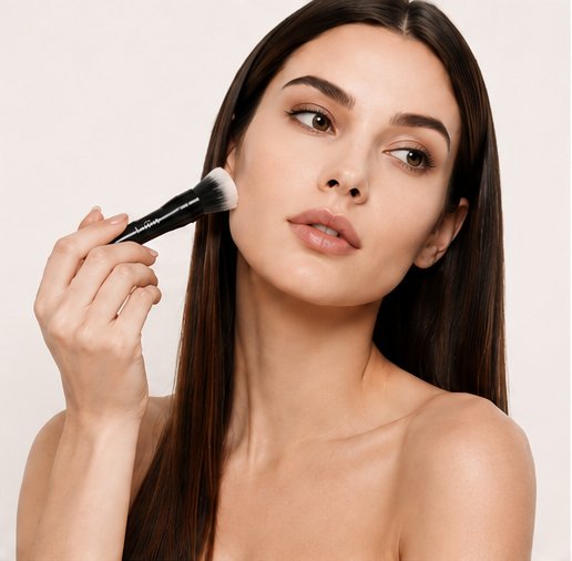 A model sweeping powder across the cheek